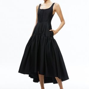 $495 Unworn Alice + Olivia Dianna High-Low Midi Dress in Black